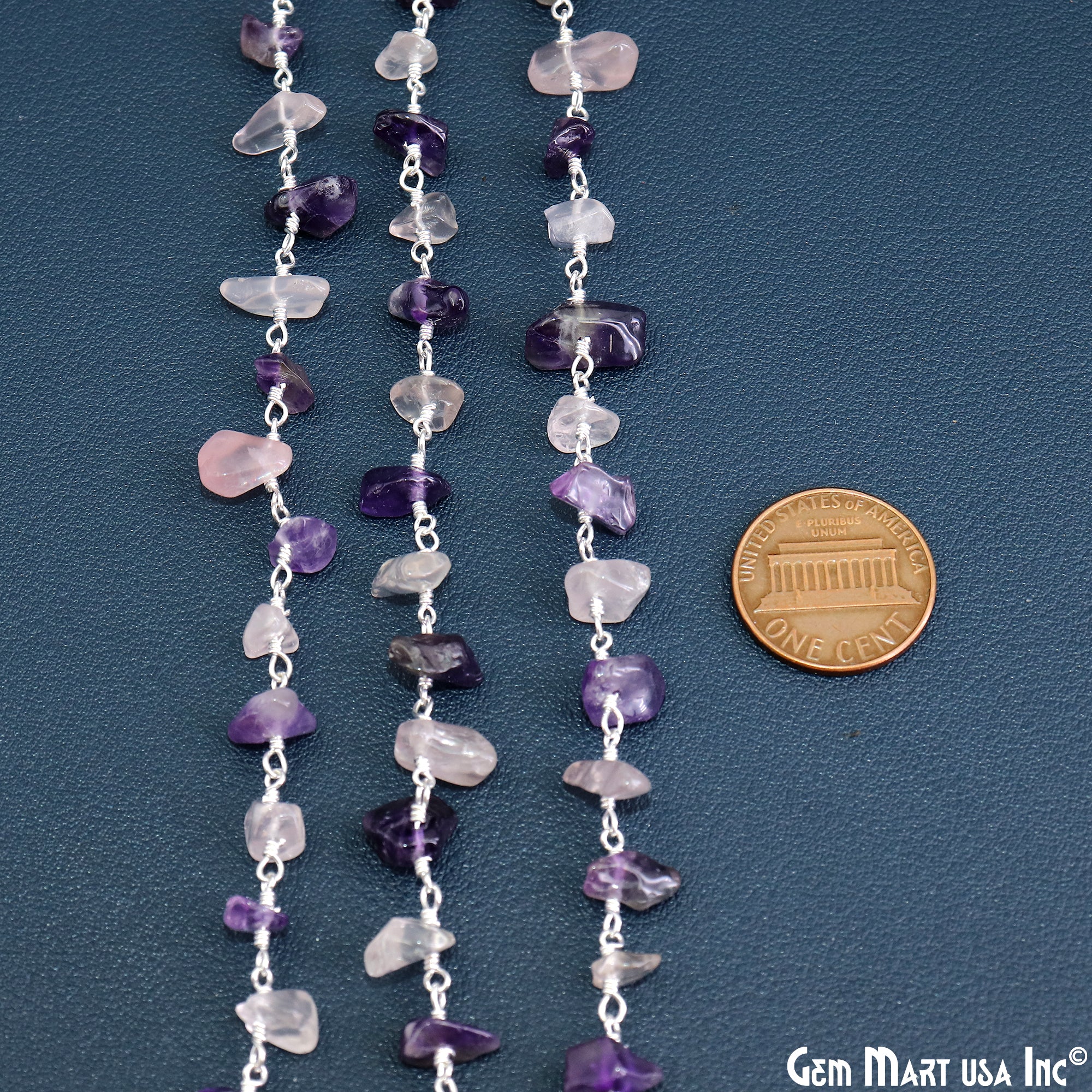 Amethyst & Rose Quartz  Nugget Chip 4-6mm Silver Wire Wrapped Rosary Chain