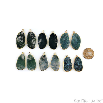 Moss Agate Free Form Gold Plated Single Bail Bezel Smooth Slab Slice Thick Gemstone Connector 33x16mm 1 Pair