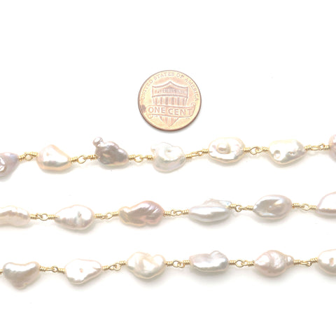 Pink Freshwater Pearl Free Form 10x7mm Gold Wire Wrapped Rosary Chain