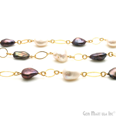 Black Freshwater Pearl & Freshwater Pearl With Gold Marquise Finding Rosary Chain