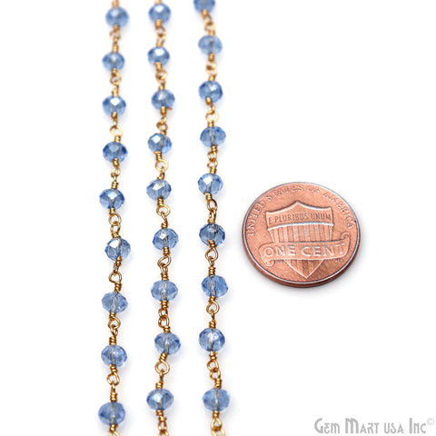 Blue Zircon 4mm Faceted Beads Gold Wire Wrapped Rosary