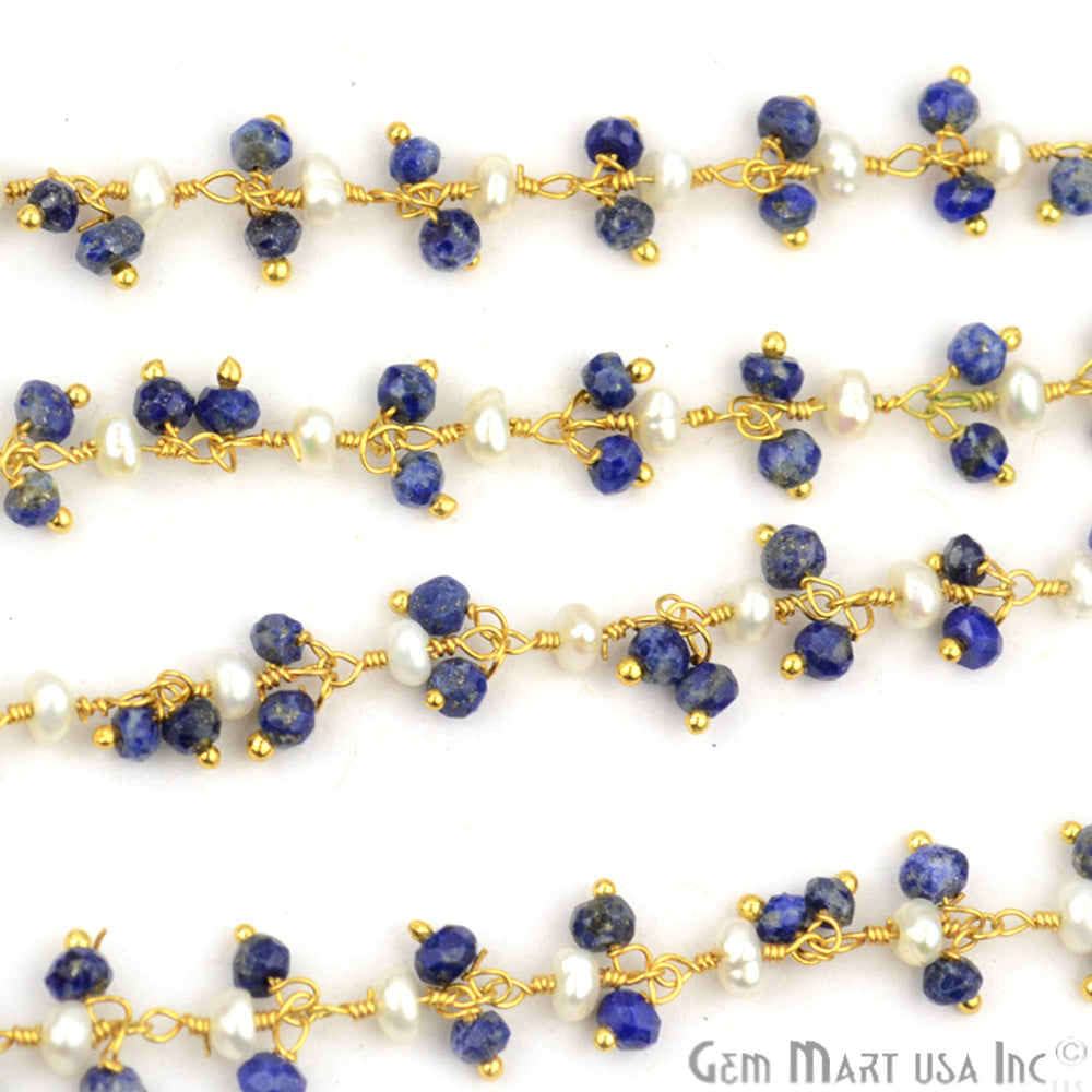 Lapis With Freshwater Pearl Faceted Beads Gold Wire Wrapped Cluster Dangle Chain - GemMartUSA (764172763183)