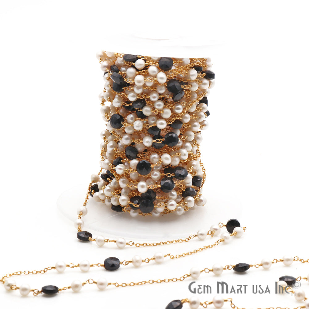 Black Spinel 6mm Freshwater Pearl 5mm Beaded Gold Plated Wire Wrapped Rosary Chain - GemMartUSA