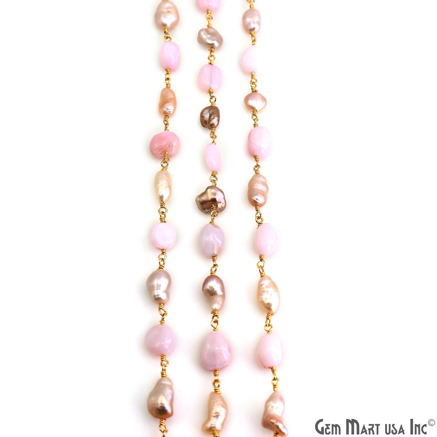 Pink Opal & Pink Pearl Tumbled Beads 10x6mm Gold Plated Wire Wrapped Rosary Chain