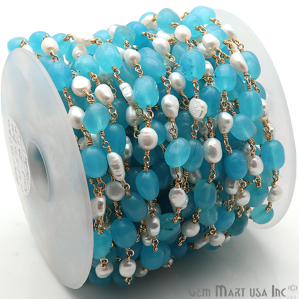 Sky Blue Rosary & Freshwater Pearl Rondelle Beads 10x6mm Gold Plated Wire Wrapped Rosary Chain - GemMartUSA