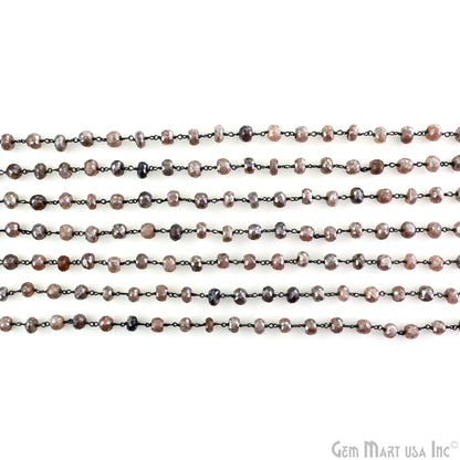 Peach Moonstone Faceted Beads 6-7mm Oxidized Wire Wrapped Beaded Rosary Chain