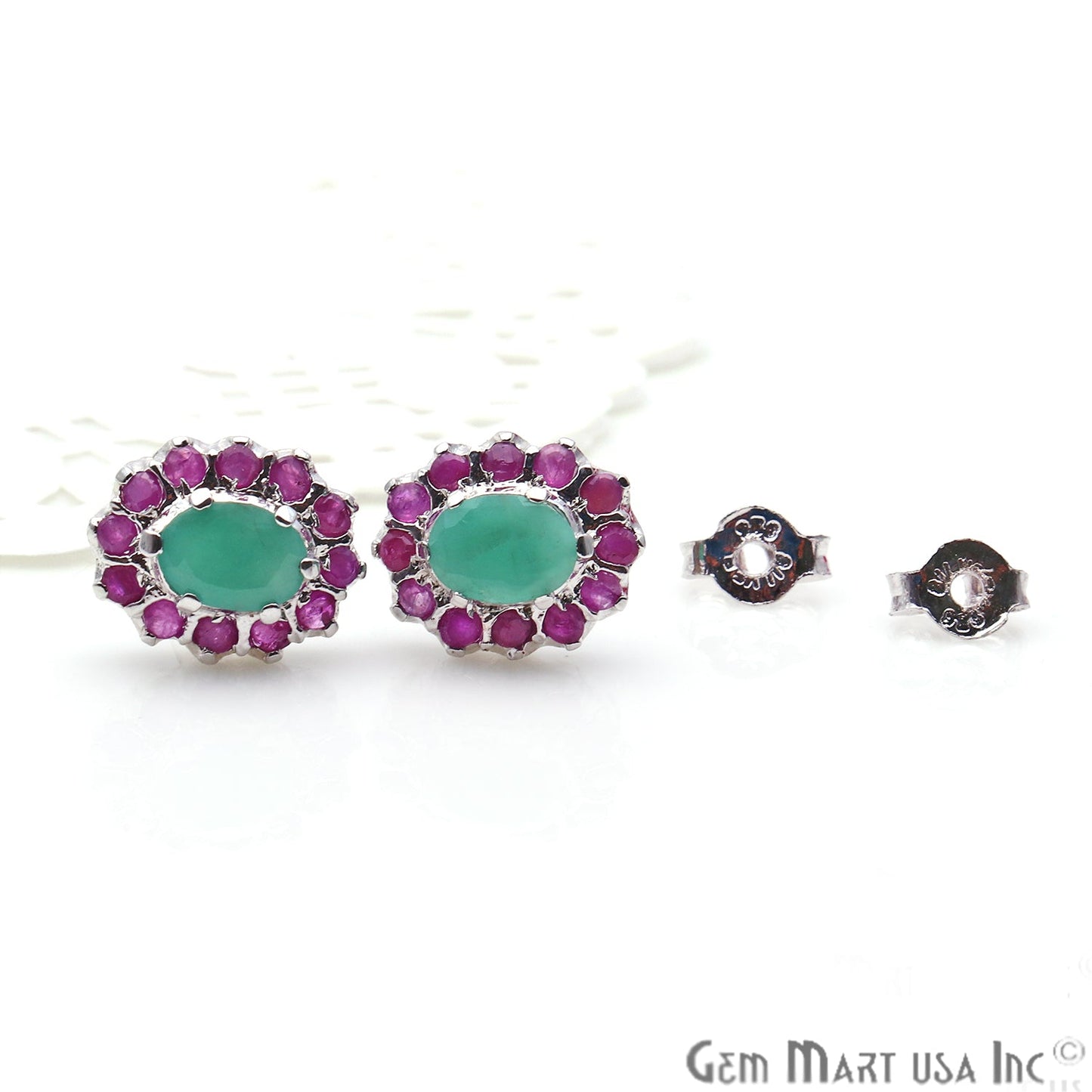 Emerald With Ruby Sterling Silver Stud Earring