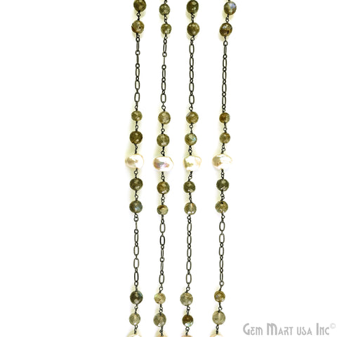 Labradorite & Pearl Round Beads Oxidized Finding Rosary Chain