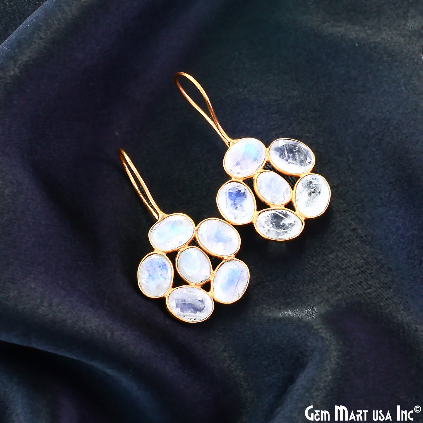 Rainbow Moonstone Drop Earrings 35x21mm Oval Cluster, Gold Plated Dangle Jewelry