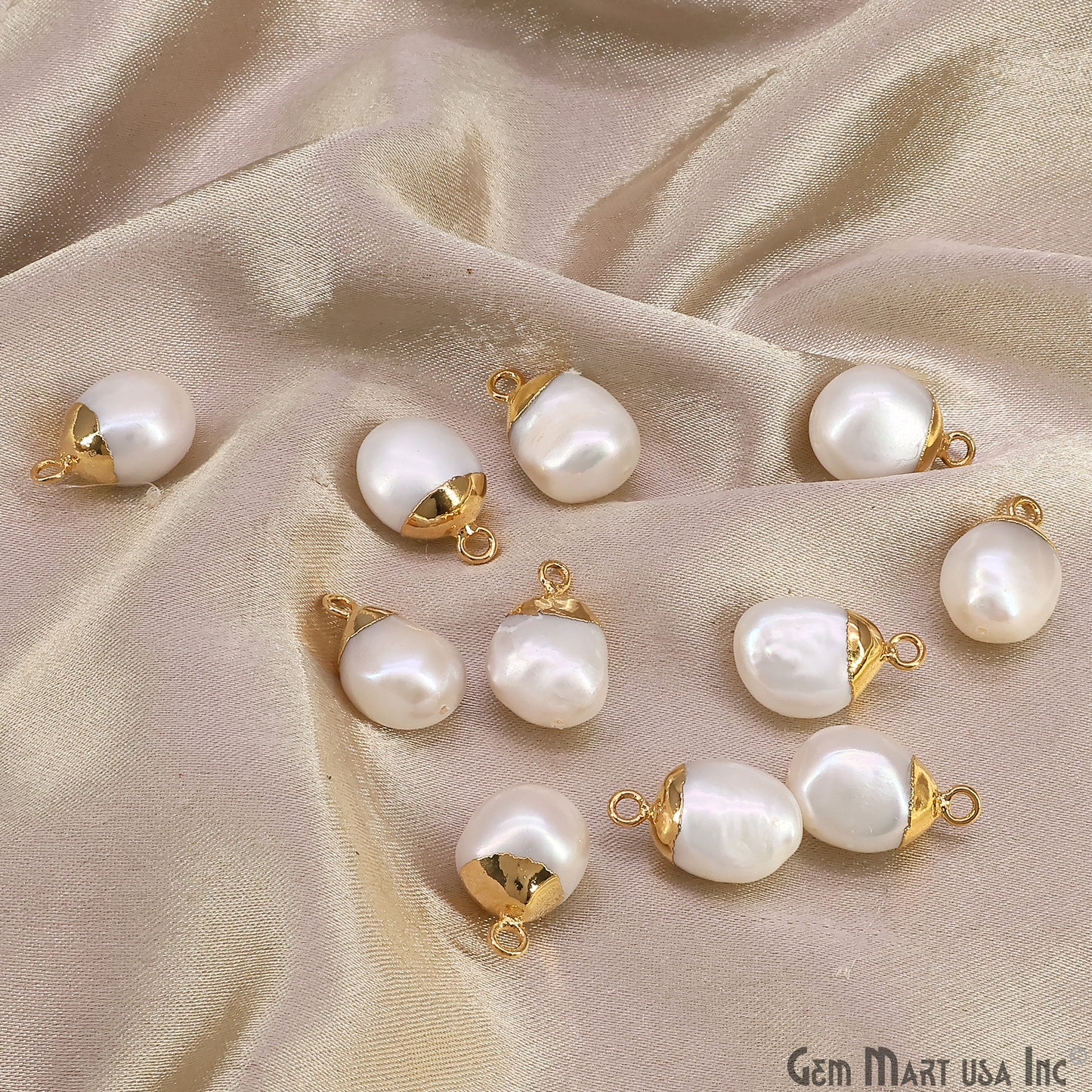 White Pearl Freeform Charm With Gold Electroplated Cap Single Bail Pendant
