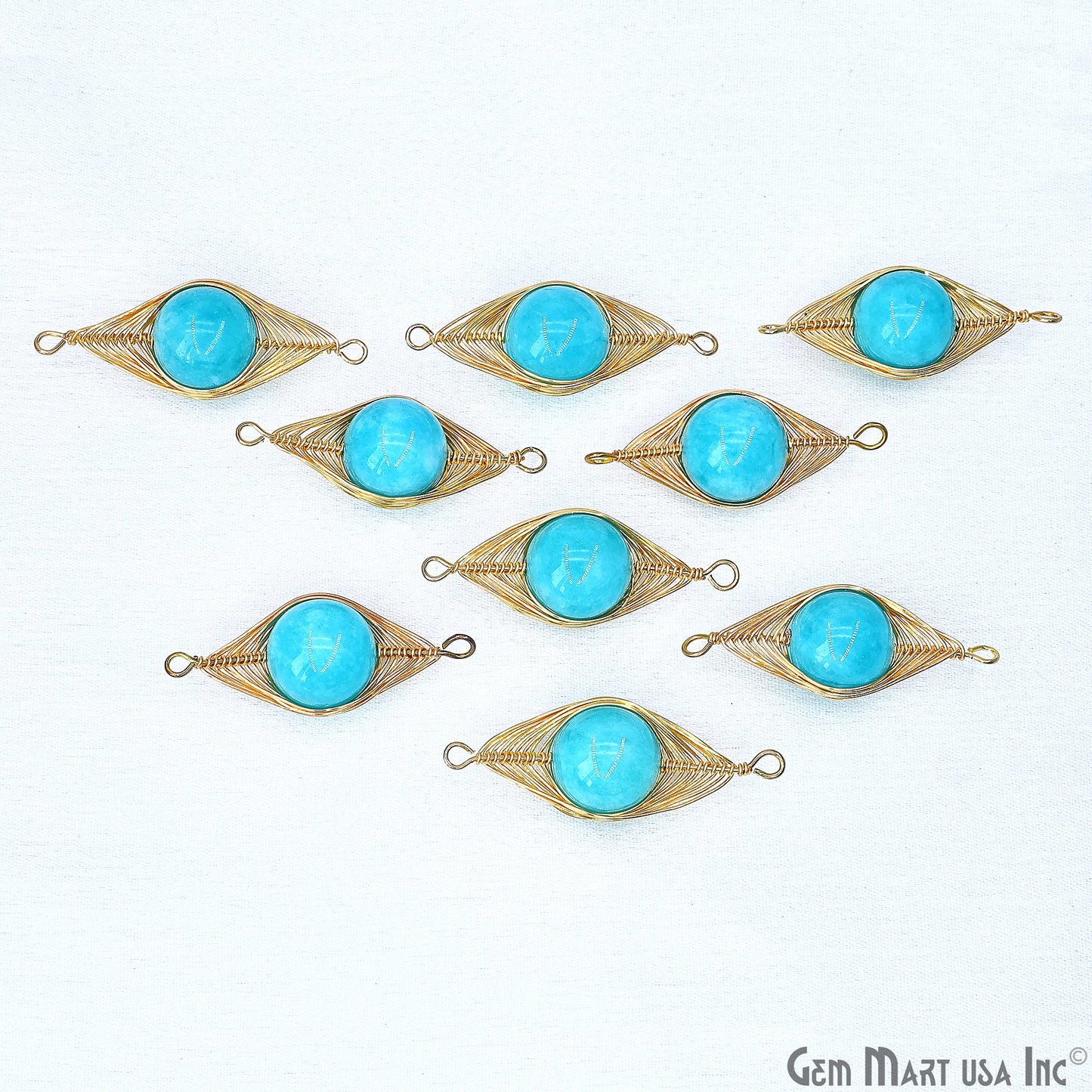 Round Bead Wire Wrapped Charm Pendant marquise 44x16mm Gold Plated Double Bail Connector