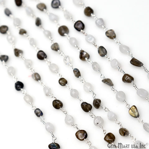 Rainbow Moonstone & Labradorite Tumble Beads 8x5mm Beads Silver Plated Rosary Chain
