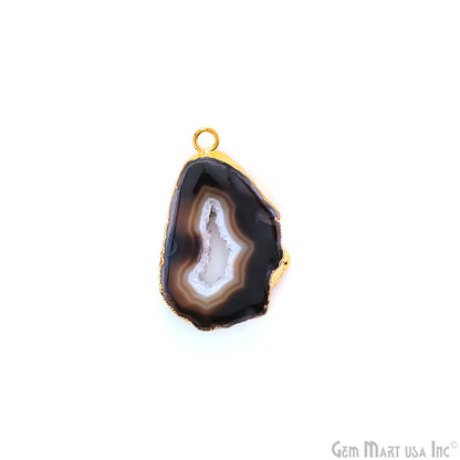 Black Agate Geode Druzy 1-2 Inch Single Bail Gold Electroplated Gemstone Connector