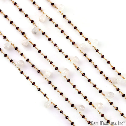 Garnet Beads & Rainbow Moonstone Drop Beads Gold Wire Wrapped Beads Rosary Chain