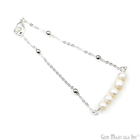 Freshwater Pearl Round Gemstone Silver Plated Chain With Lobster Clasp Bracelet 7Inch