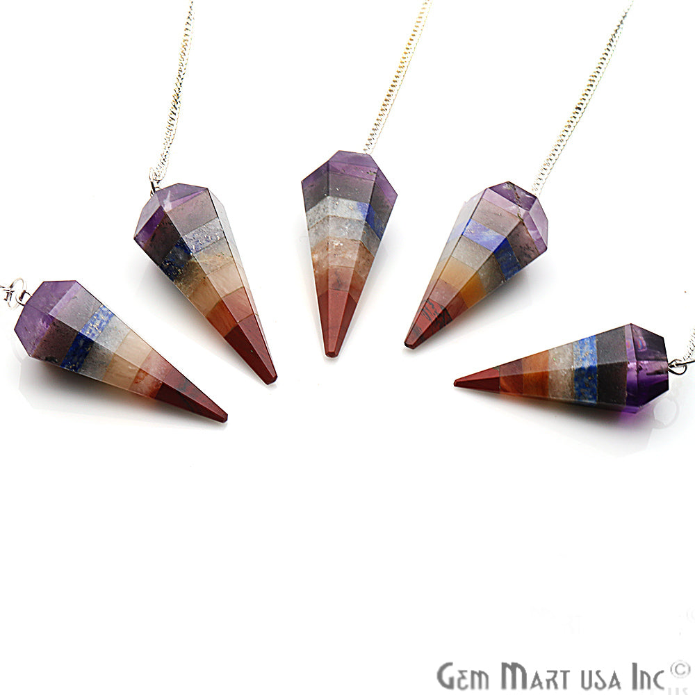 Seven Chakra Crystal Dowsing Pendulum - Natural Gemstone Pendant with Silver Chain