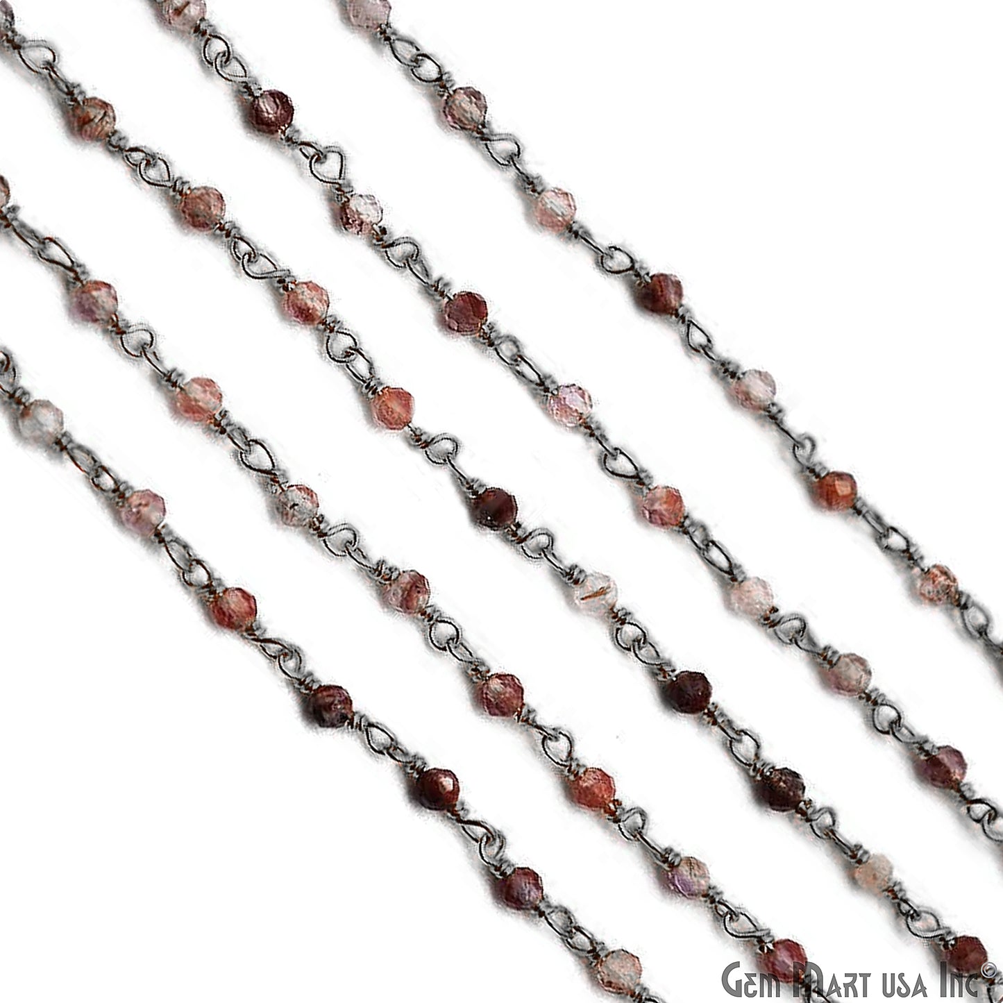 Shaded Strawberry Quartz Black Plated Wire Wrapped Gemstone Beads Rosary Chain