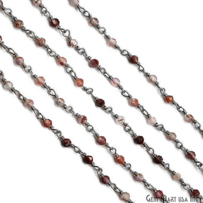 Shaded Strawberry Quartz Black Plated Wire Wrapped Gemstone Beads Rosary Chain