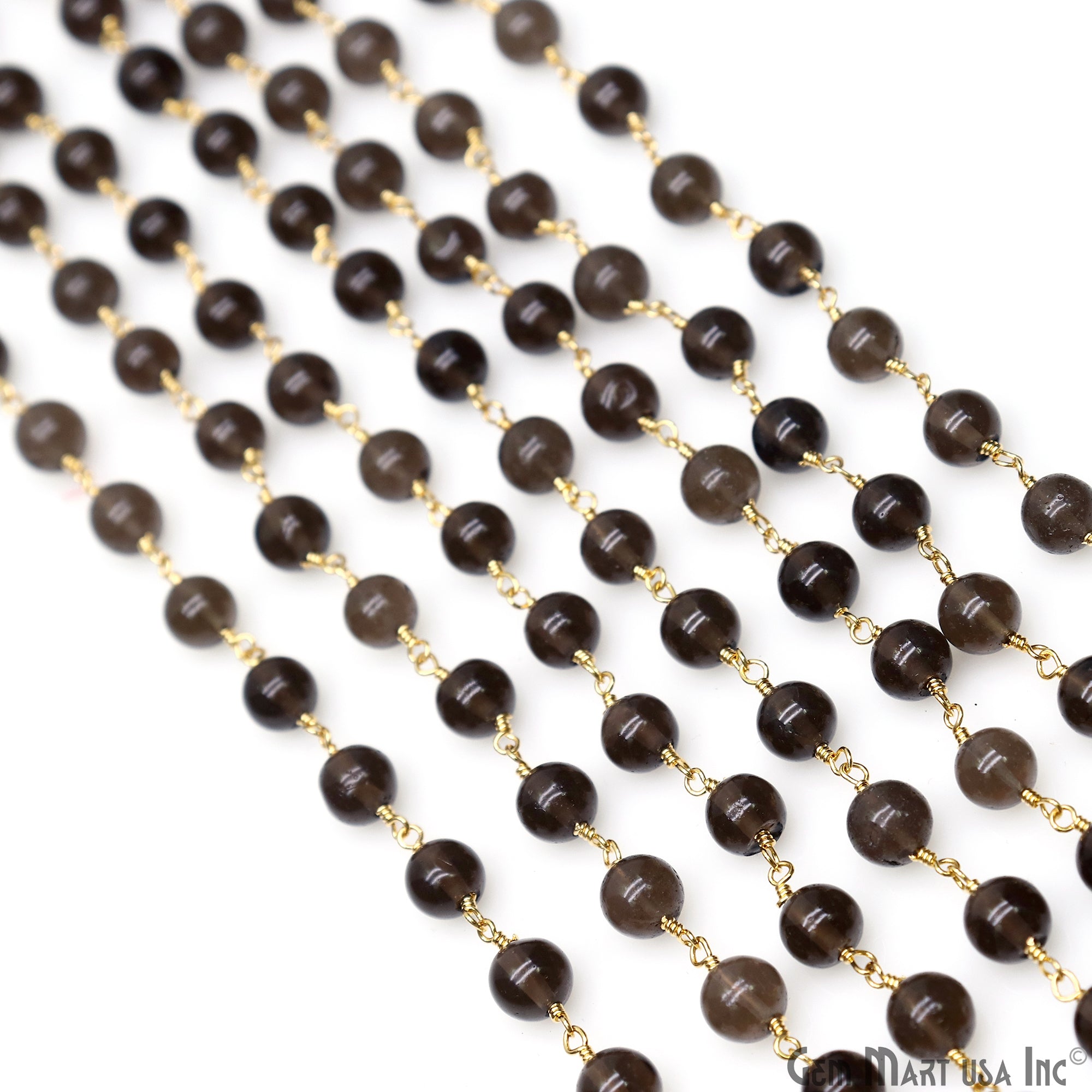 Smoky Topaz Cabochon Beads 6-7mm Gold Wire Wrapped Rosary Chain