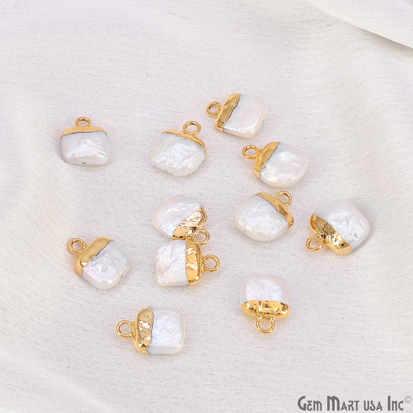 White Pearl Square Charm With Gold Electroplated Cap Single Bail Pendant