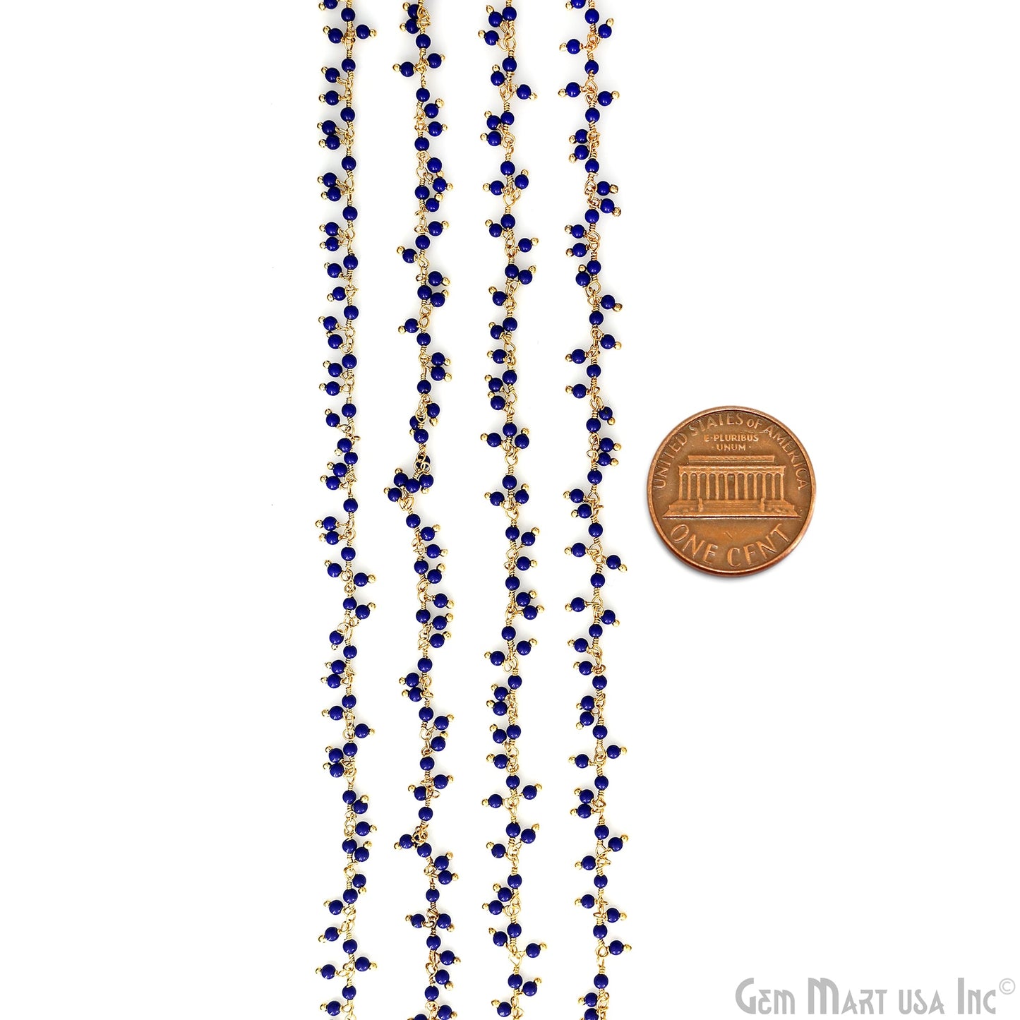 Dark Blue Chalcedony 2-2.5mm Cluster dangle Gemstone Beaded Gold Wire Wrapped Rosary Chain