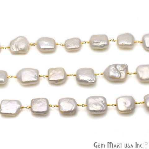 Natural Freshwater Pearl Free Form 12-15mm Gold Plated Wire Wrapped Rosary Chain - GemMartUSA
