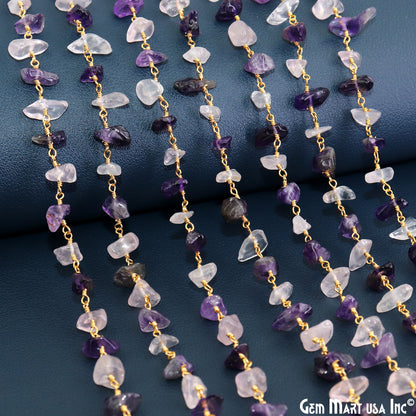 Amethyst & Rose Quartz  Nugget Chip 4-6mm Gold Wire Wrapped Rosary Chain