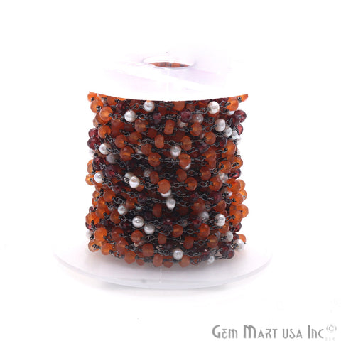 Carnelian, Garnet & Freshwater Pearl Multi Gemstone Beaded Wire Wrapped Rosary Chain - GemMartUSA