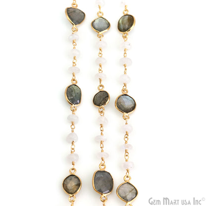 Labradorite & Rainbow Moonstone Beads Gold Plated Mix Shape Bezel Link Continuous Connector Chain