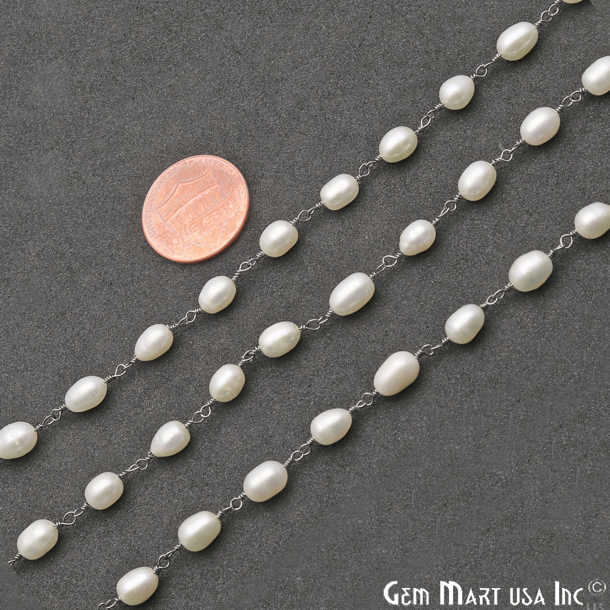 Freshwater Pearl Oval 7x5mm Oxidized Wire Wrapped Gemstone Rosary Chain - GemMartUSA