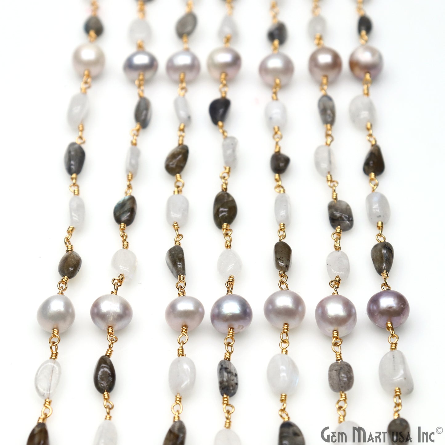 Labradorite, Freshwater Pearl & Rainbow Moonstone Tumble Beads Gold Wire Wrapped Rosary Chain