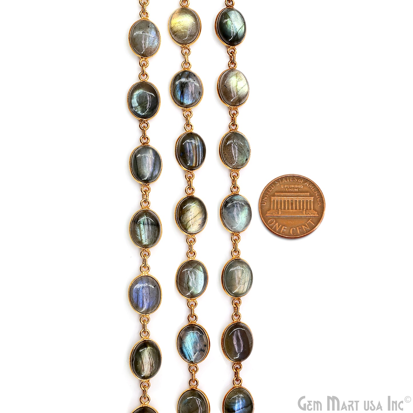 Labradorite Cabochon 9x11mm Oval Shape Gold Plated Bezel Continuous Connector Chain
