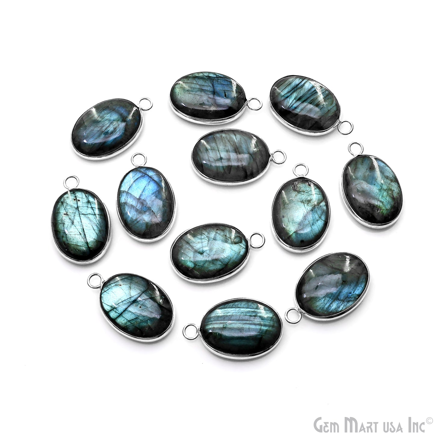 Flashy Labradorite 31x19mm Cabochon Oval Single Bail Silver Bezel Gemstone Connector