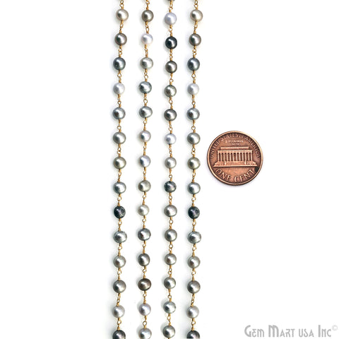 Gray Pearl Cabochon Beads 6-7mm Gold Plated Gemstone Rosary Chain