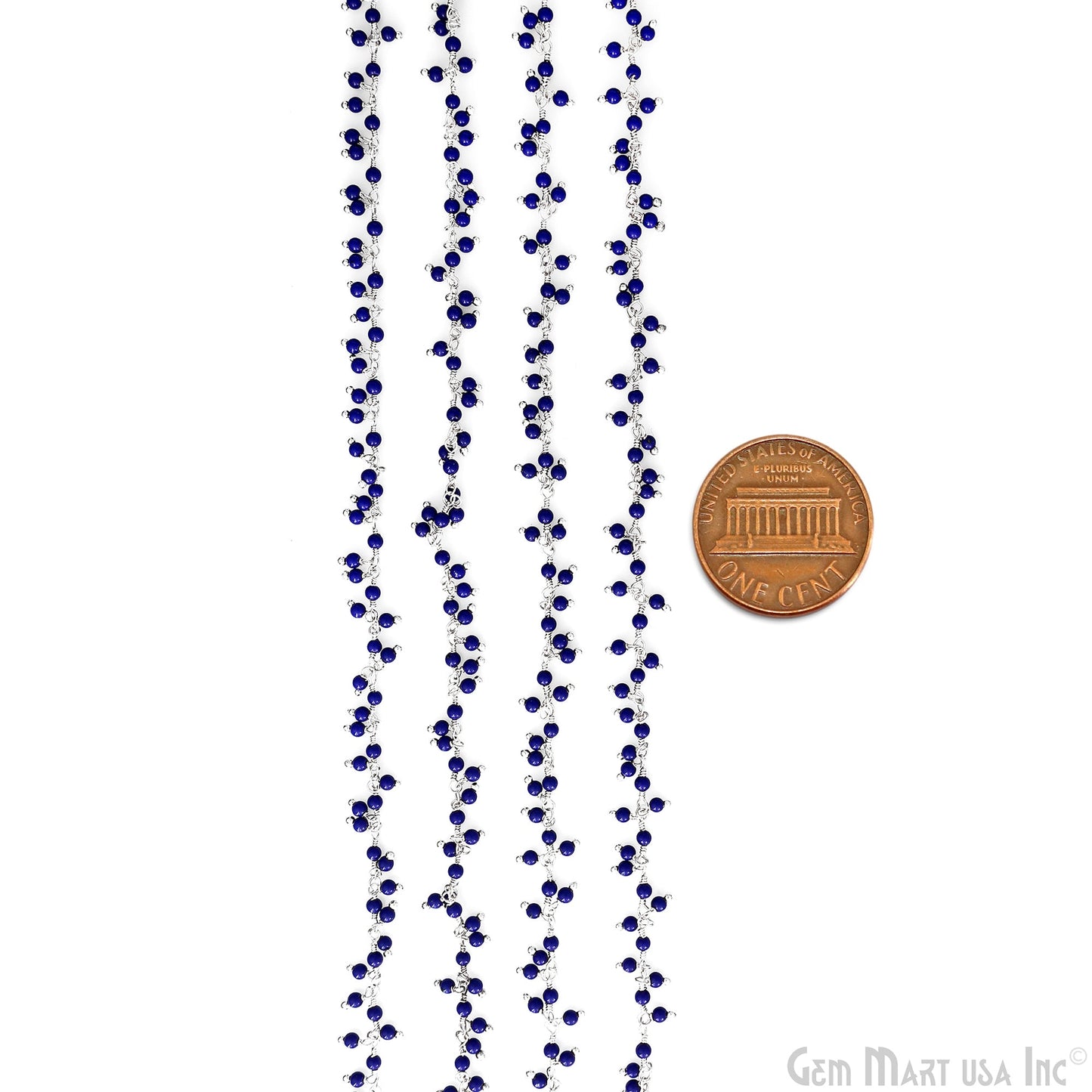 Dark Blue Chalcedony 2-2.5mm Cluster dangle Gemstone Beaded Silver Wire Wrapped Rosary Chain