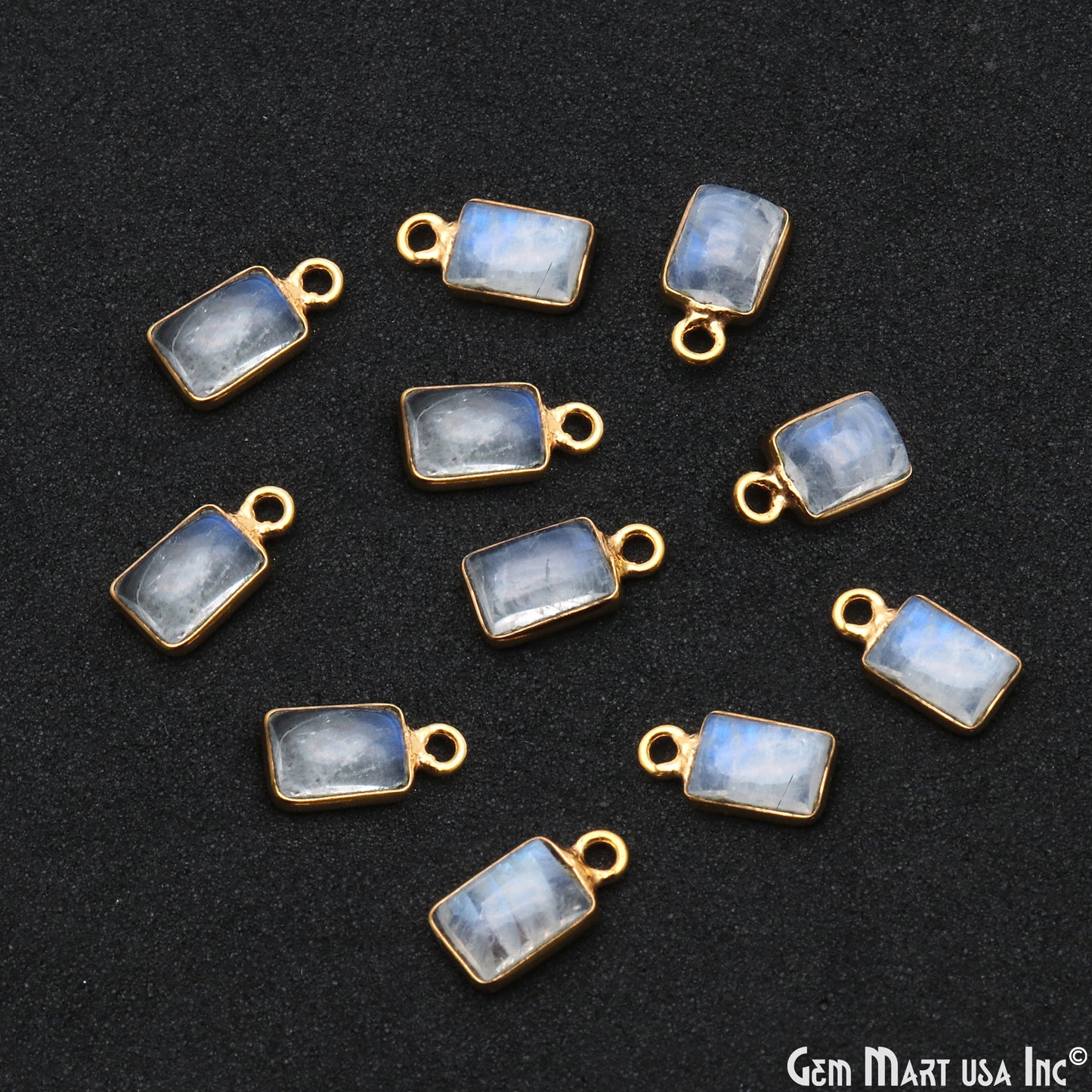 Rainbow Moonstone Rectangle 5x7mm Single Bail Gold Bezel Gemstone Connector