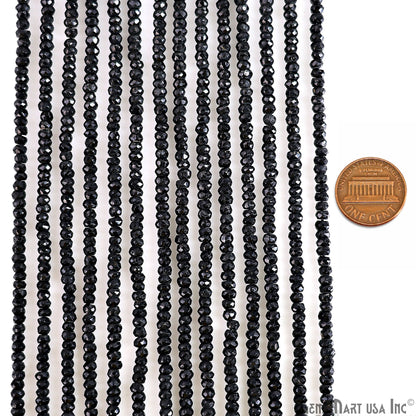 Black Spinel Rondelle Beads, 12.5 Inch Gemstone Strands, Drilled Strung Nugget Beads, Faceted Round, 3-4mm