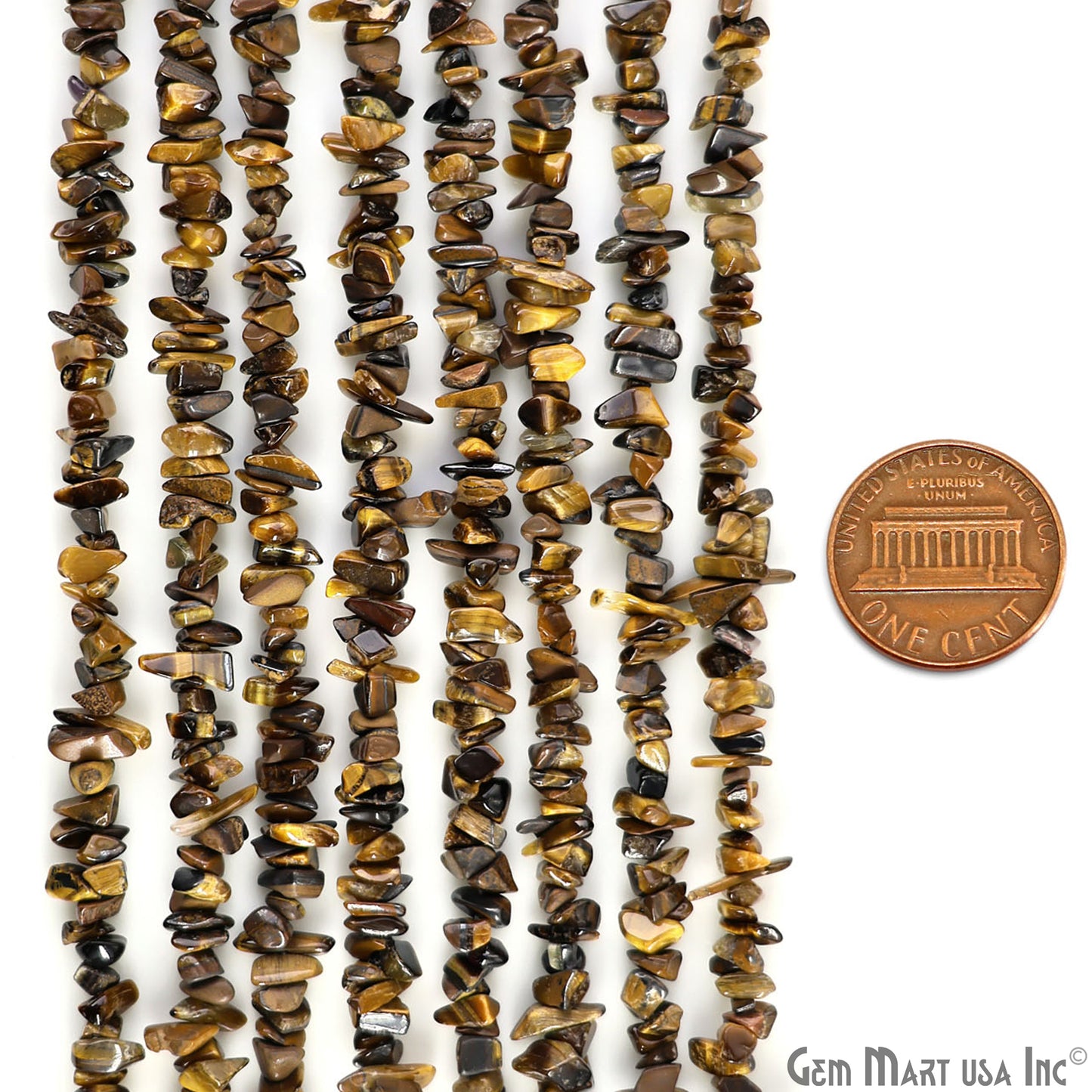 Tiger Eye Chip Beads, 34 Inch, Natural Chip Strands, Drilled Strung Nugget Beads, 3-7mm, Polished, GemMartUSA (CHTE-70001)