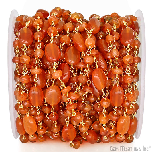 Carnelian Faceted & Tumbled Beads Gold Plated Rosary Chain