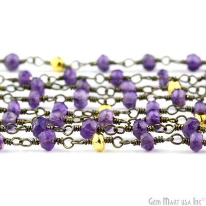 Amethyst & Golden Pyrite Beads Oxidized Wire Wrapped Rosary Chain