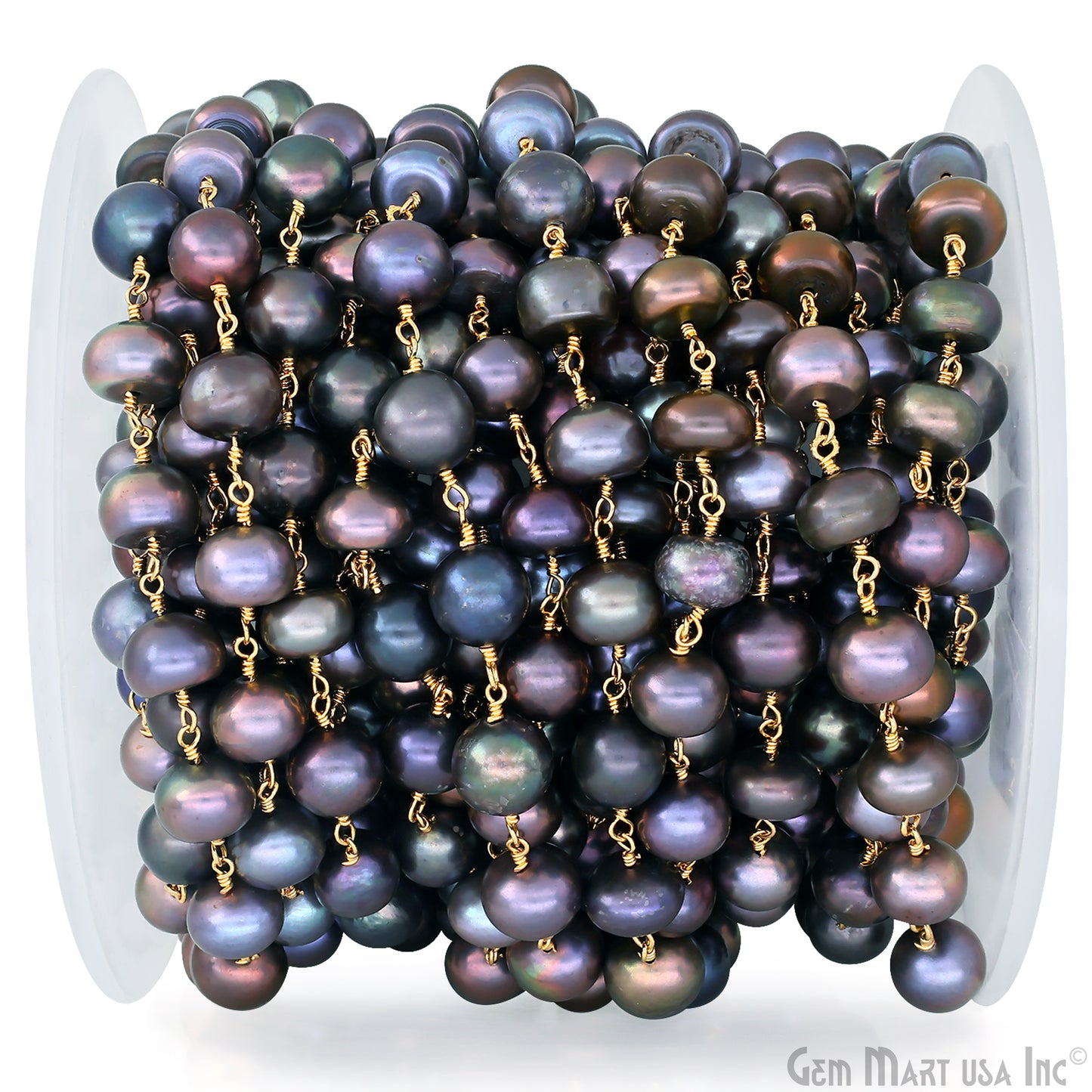 Black Pearl Cabochon Beads 8-9mm Gold Plated Gemstone Rosary Chain