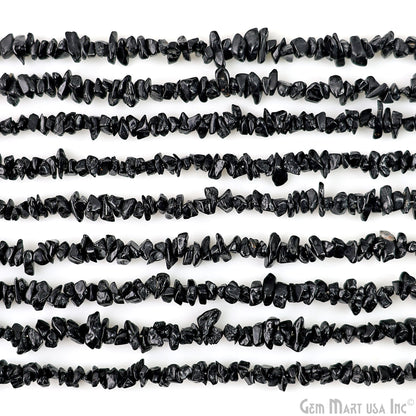 Black Tourmaline Chip Beads, 34 Inch, Natural Chip Strands, Drilled Strung Nugget Beads, 3-7mm, Polished, GemMartUSA (CHKT-70001)