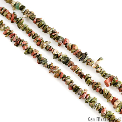 Unakite Chip Beads, 34 Inch, Natural Chip Strands, Drilled Strung Nugget Beads, 3-7mm, Polished, GemMartUSA (CHUN-70001)