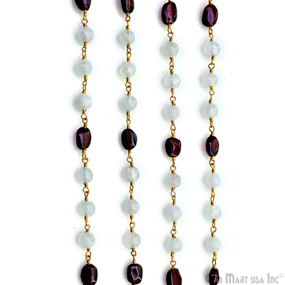 Rainbow Moonstone Round Cabochon & Garnet Tumble Beads Gold Wire Wrapped Rosary Chain