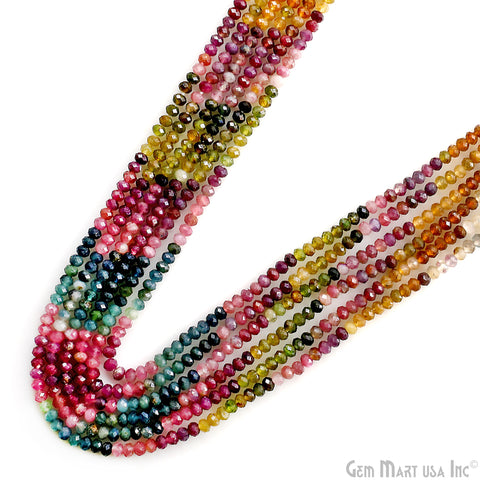 Multi Tourmaline Rondelle Beads, 13 Inch Gemstone Strands, Drilled Strung Nugget Beads, Faceted Round, 3-4mm