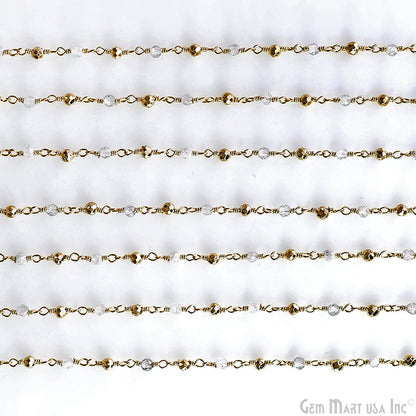 Labradorite & Golden Pyrite 2-2.5mm Tiny Beads Gold Plated Wire Wrapped Rosary Chain