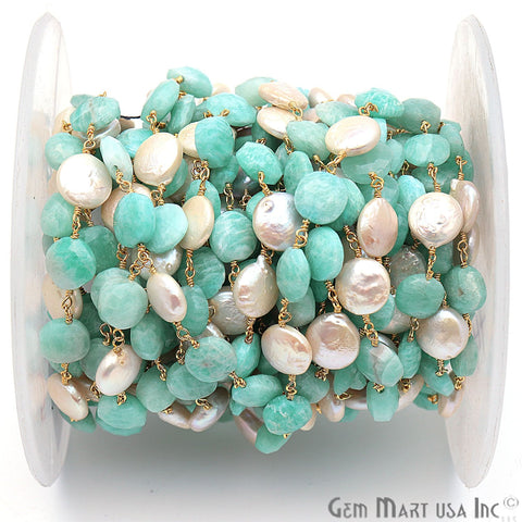 Amazonite & Freshwater Pearl Round Rough Beads Gold Plated Rosary Chain - GemMartUSA
