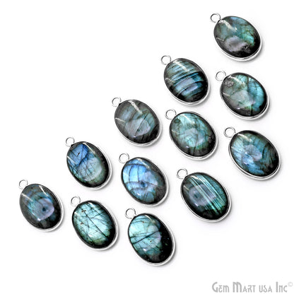 Flashy Labradorite 31x19mm Cabochon Oval Single Bail Silver Bezel Gemstone Connector