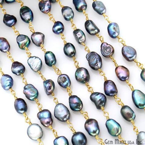 Black Freshwater Pearl Free Form Beads 7-8mm Gold Plated Gemstone Rosary Chain