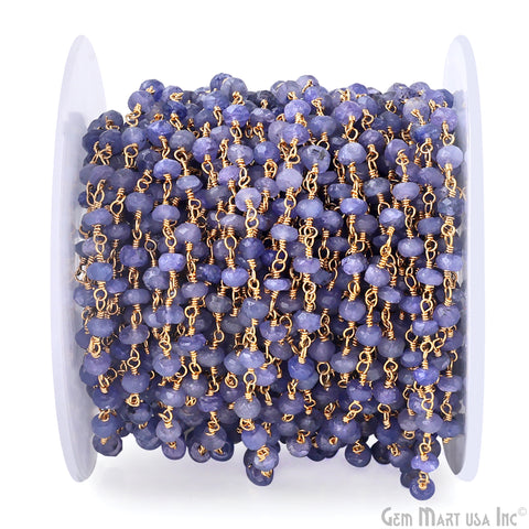 Natural Tanzanite 4mm Faceted Beads Gold Wire Wrapped Rosary